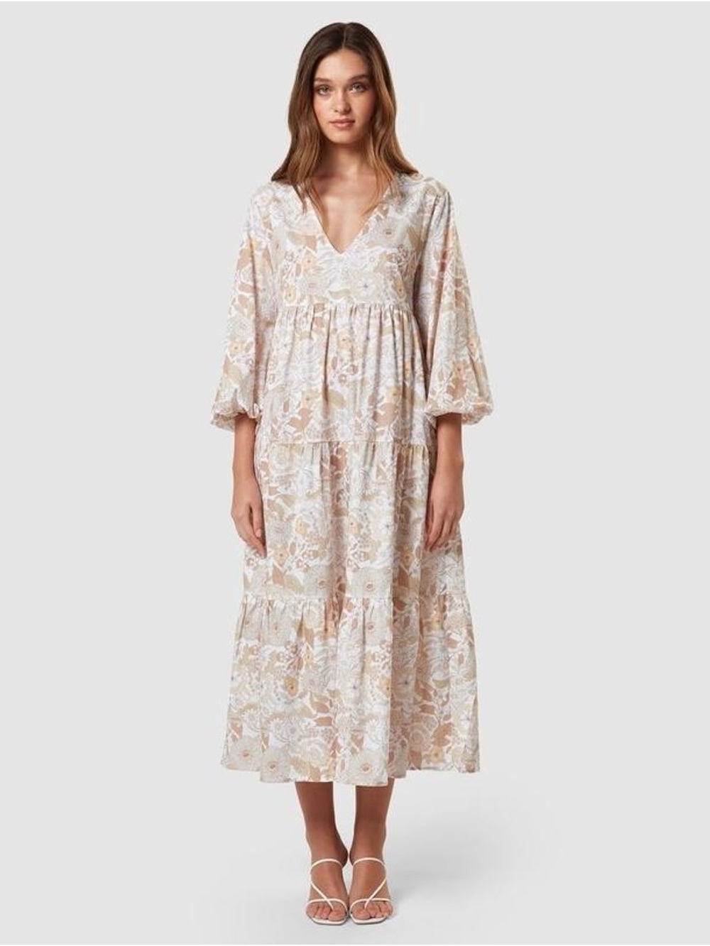 CHARLIE HOLIDAY AGATHA FLORAL TIERED COTTON DRESS PRINT Boho Floral Tiered Midi